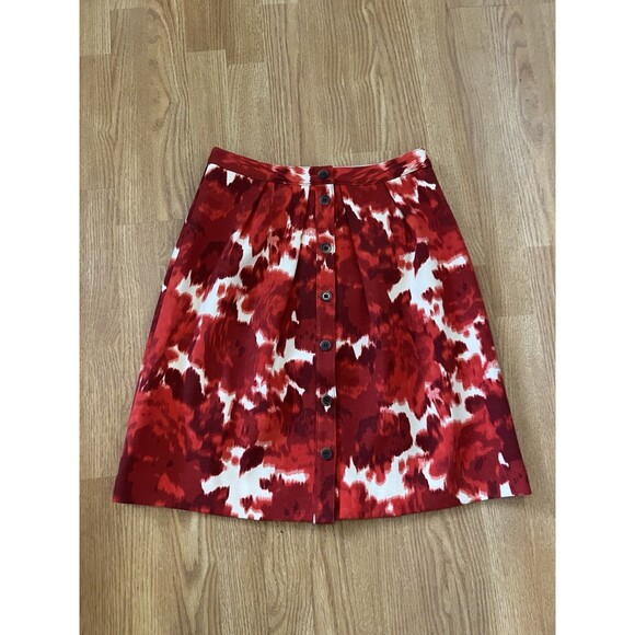 NWT J Crew Red Floral Watercolor Button Down Pleated Knee Length Skirt Size 6 - Picture 1 of 7